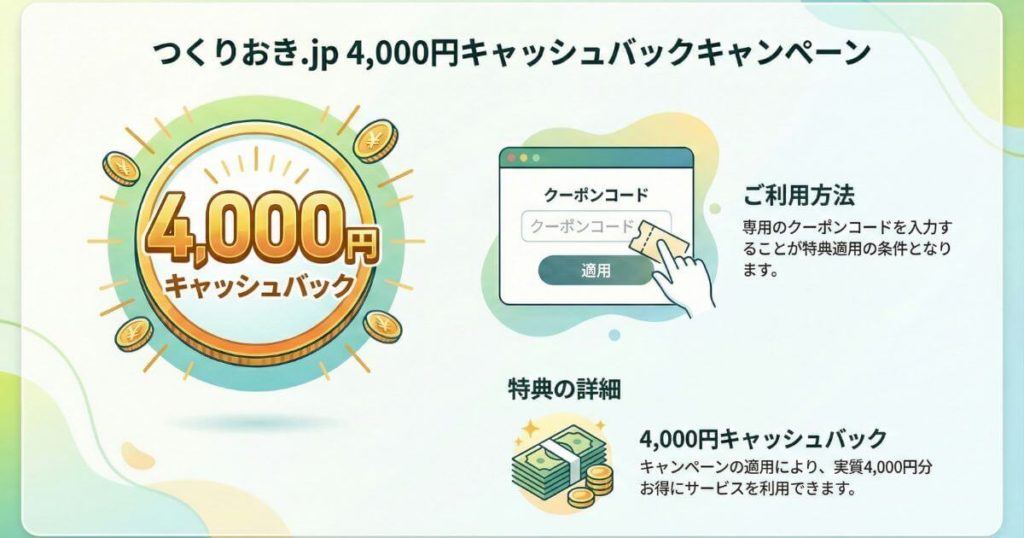 つくりおき.jpのクーポンコードで4,000円キャッシュバックキャンペーン